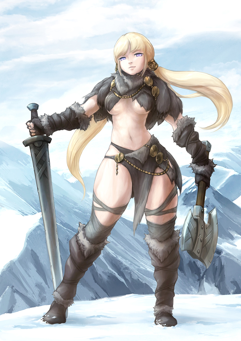 1girl axe barbarian blonde_hair breasts commentary_request gloves greaves long_hair mountain original snow sword tie_baihe weapon