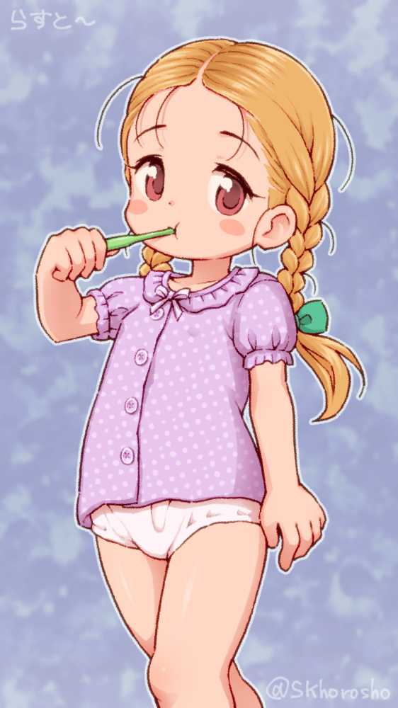 1girl blonde_hair blurry blurry_background blush_stickers bow braid brushing_teeth buttons child dot_nose female_child frilled_sleeves frills green_bow hair_bow hand_up holding holding_toothbrush legs long_hair looking_at_viewer no_pants original pajamas panties polka_dot polka_dot_pajamas puffy_cheeks purple_background purple_pajamas red_eyes short_sleeves skhorosho solo thighs toothbrush twin_braids underwear white_panties