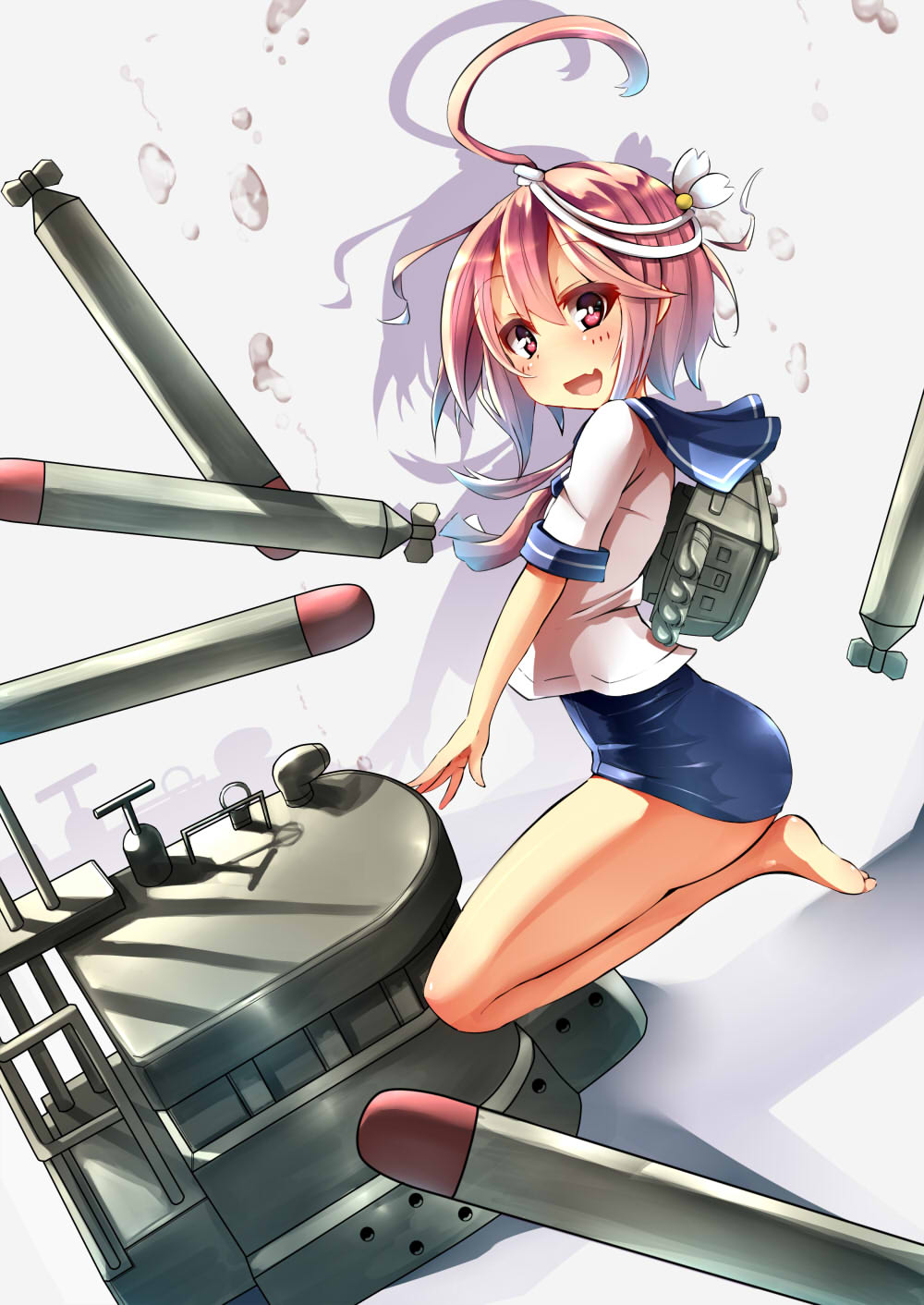 1girl hair_ornament highres i-58_(kantai_collection) kantai_collection machinery open_mouth pink_eyes pink_hair short_hair smile swimsuit torpedo unomi