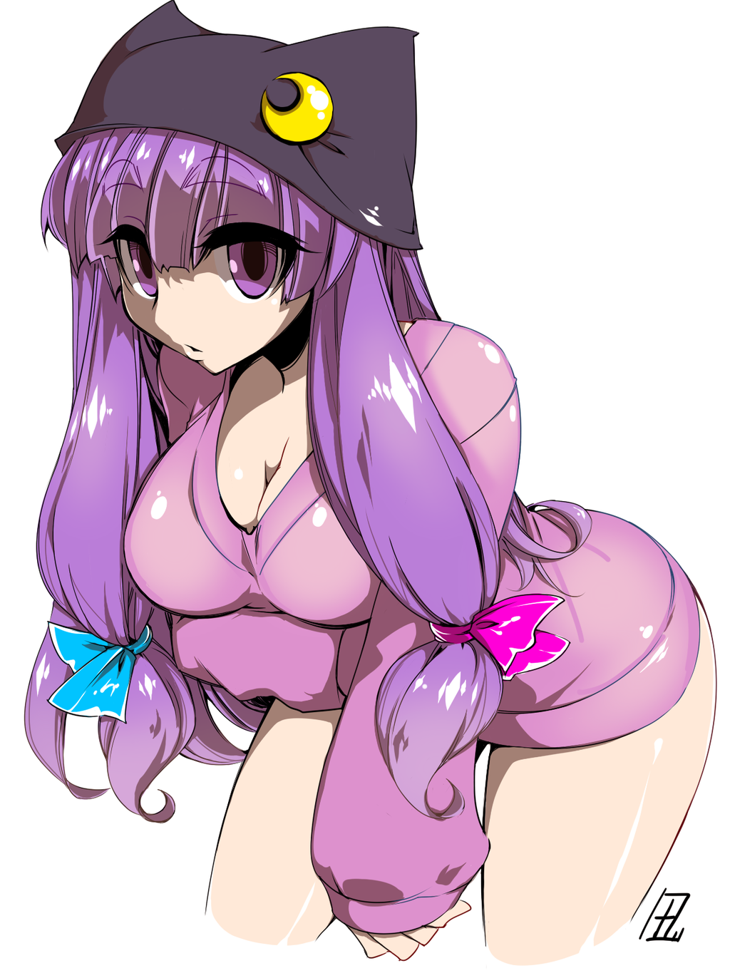 alternate_headwear blouse breasts cleavage crescent hat highres large_breasts leaning_forward long_hair looking_at_viewer patchouli_knowledge purple_hair signature simple_background tajima_yuuki touhou twintails violet_eyes white_background