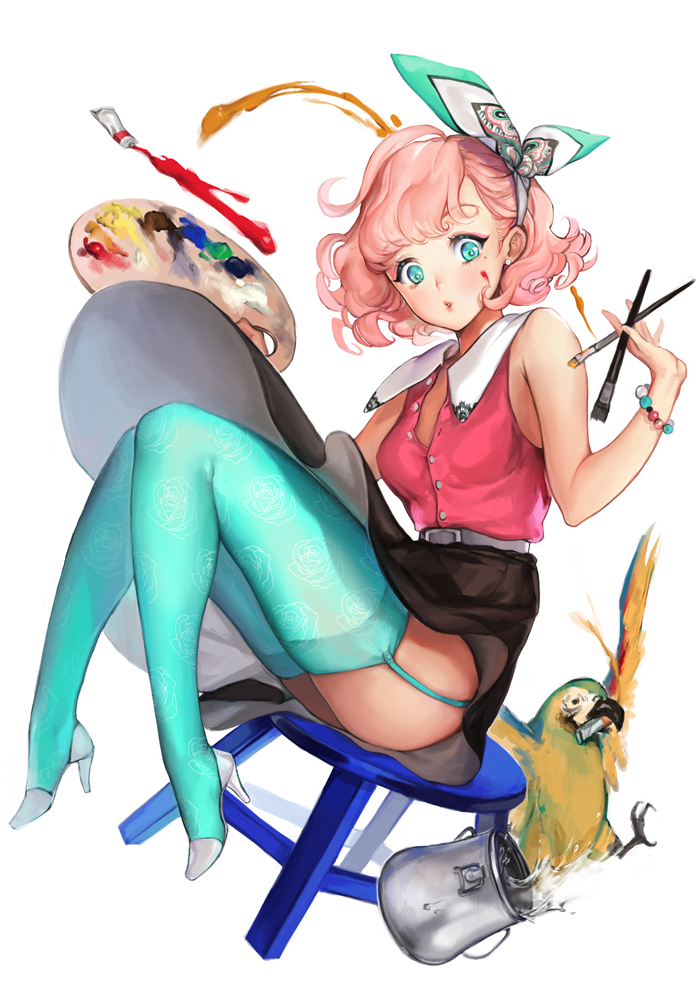 1girl aqua_eyes bare_shoulders bird blue-and-yellow_macaw bracelet earrings eyelashes eyeshadow hairband high_heels jewelry macaw makeup original paintbrush palette parrot pink_hair pot short_hair simple_background sitting skirt solo stool thigh-highs water wavy_hair white_background zit_0