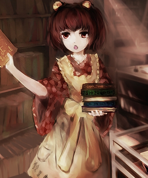 1girl apron bell book_stack bookshelf brown_eyes brown_hair dyolf hair_bell hair_ornament japanese_clothes kimono library long_sleeves motoori_kosuzu open_mouth solo touhou wide_sleeves