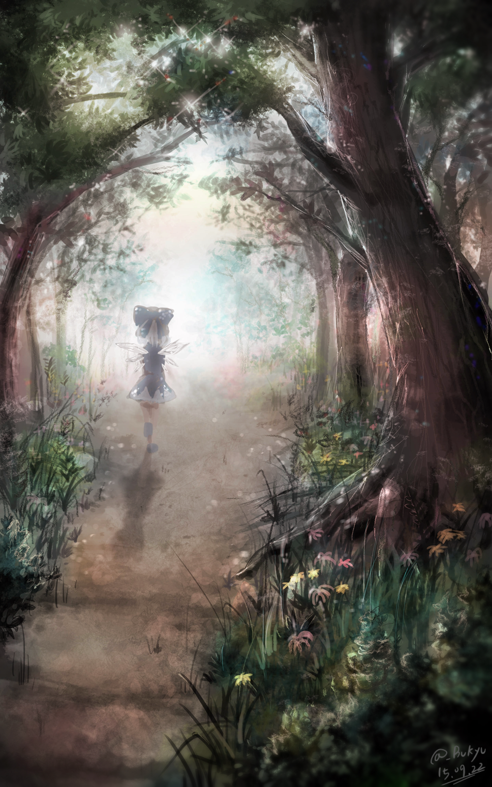 1girl akisha blue_dress blue_hair bow cirno dress flower forest hair_bow highres ice ice_wings nature path road silver_hair solo sunlight touhou tree walking wings
