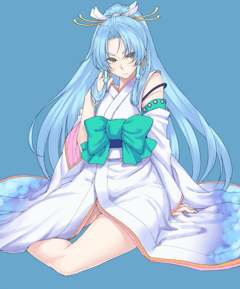 1girl arm_support blue_background blue_hair bow commentary_request detached_sleeves glacies green_bow hair_ornament hiroya_juuren japanese_clothes long_hair looking_at_viewer ponytail sitting solo super_robot_wars super_robot_wars_destiny super_robot_wars_original_generation yellow_eyes yokozuwari
