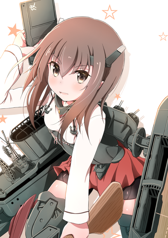 1girl anchor bike_shorts bow_(weapon) brown_eyes brown_hair cannon crossbow flat_chest hair_between_eyes headband headgear kantai_collection leaning leaning_forward long_sleeves looking_at_viewer machinery open_mouth panikuru_yuuto pleated_skirt short_hair skirt smile solo star taihou_(kantai_collection) turret weapon