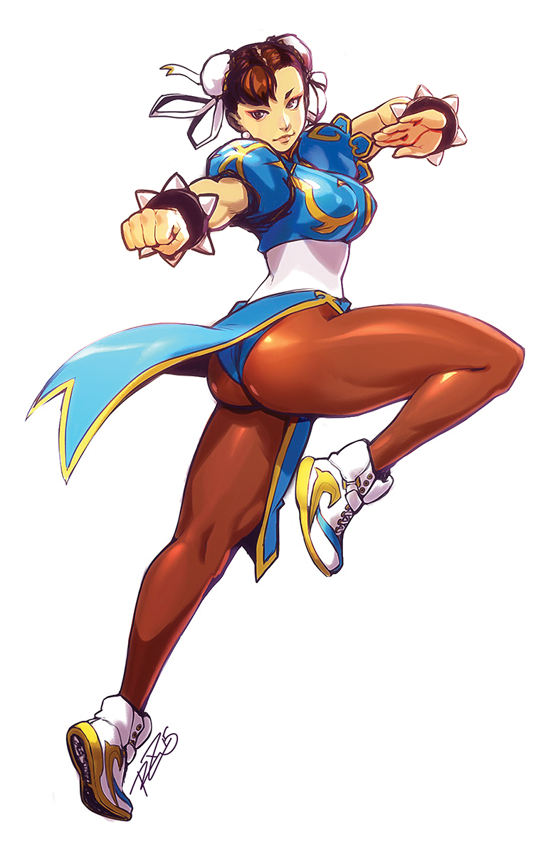 1girl ass bracelet brown_hair bun_cover china_dress chinese_clothes chun-li commentary double_bun eyeshadow fighting_stance highres jewelry makeup pantyhose pelvic_curtain robert_porter shoes short_hair smile sneakers spiked_bracelet spikes street_fighter