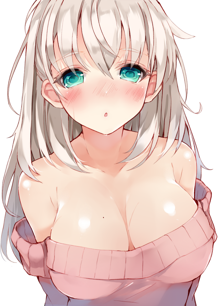1girl :o aqua_eyes bangs bare_shoulders blush breasts cleavage collarbone hair_between_eyes kou_mashiro large_breasts long_hair looking_at_viewer mole mole_on_breast off_shoulder open_mouth original shiny shiny_skin silver_hair simple_background solo sweater upper_body water wet white_background