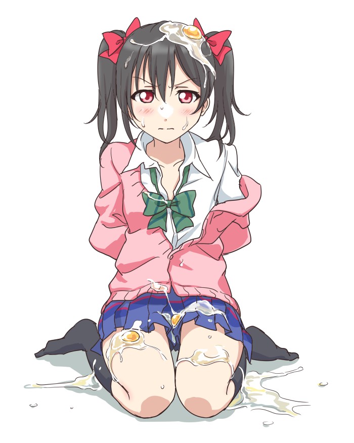 1girl arms_behind_back cardigan commentary_request dress_shirt egg food_on_legs kneehighs love_live!_school_idol_project no_shoes off_shoulder shirt solo tetopetesone yazawa_nico