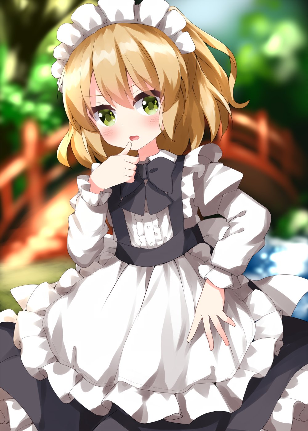 1girl alternate_costume apron back_bow bangs blonde_hair blue_sky blurry blurry_background blush bow bowtie bridge buttons collared_shirt commentary_request day enmaided frills grass green_eyes grey_bow grey_bowtie grey_skirt hair_between_eyes hand_on_hip hand_up highres juliet_sleeves leaf long_sleeves looking_away maid maid_headdress mizuhashi_parsee on_ground one-hour_drawing_challenge one_side_up open_mouth outdoors puffy_long_sleeves puffy_sleeves river ruu_(tksymkw) shirt short_hair skirt sky solo standing sunlight suspender_skirt suspenders tongue touhou tree v-shaped_eyebrows water white_apron white_bow white_shirt wing_collar