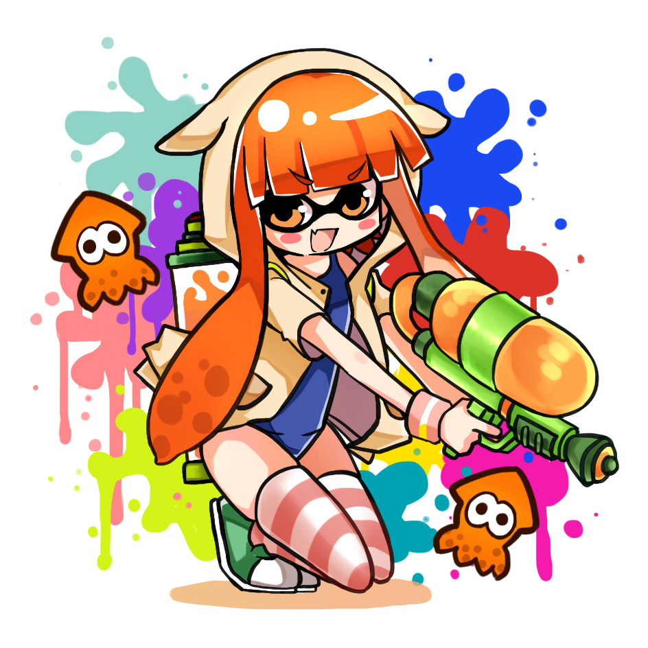 1girl blush_stickers container domino_mask fang holding hoodie inkling jacket kneeling long_hair looking_at_viewer mask open_clothes open_jacket open_mouth orange_eyes orange_hair paint_splatter school_swimsuit shiodome_oji shoes smile sneakers solo splatoon squid striped striped_legwear super_soaker swimsuit tentacle_hair thigh-highs wristband