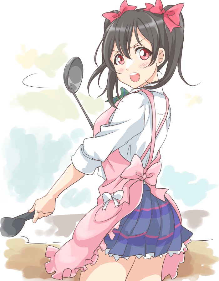 1girl apron black_hair blush bow commentary_request dress_shirt frying_pan hair_bow ladle long_hair looking_at_viewer looking_back love_live!_school_idol_project open_mouth red_eyes school_uniform shirt skirt solo tetopetesone twintails yazawa_nico