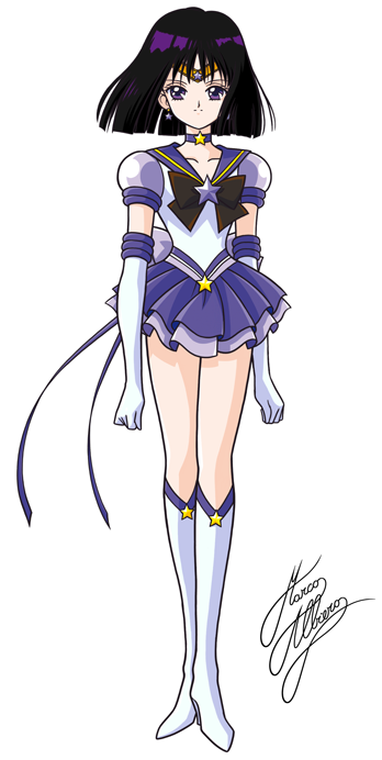 1girl bishoujo_senshi_sailor_moon black_hair boots bow brooch brown_bow choker elbow_gloves full_body gloves jewelry knee_boots magical_girl marco_albiero pleated_skirt purple_bow purple_skirt sailor_collar sailor_saturn short_hair signature skirt smile solo standing super_sailor_saturn_(stars) tiara tomoe_hotaru violet_eyes white_background white_boots white_gloves