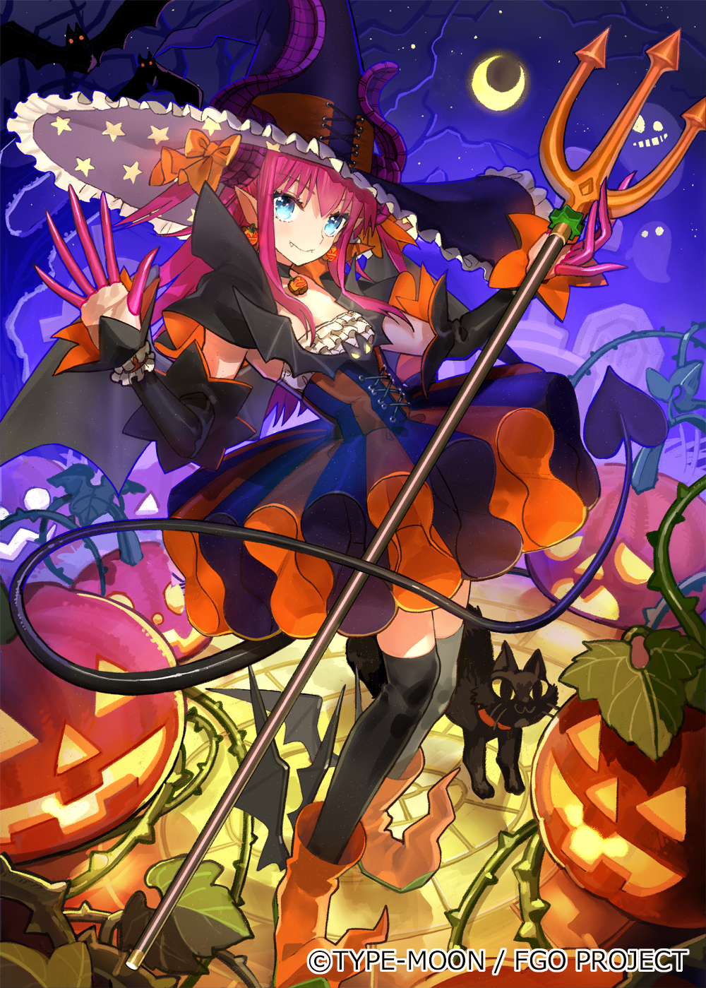 1girl bat bat_wings black_cat black_legwear blue_eyes cat crescent_moon detached_sleeves earrings fang fate/extra fate/extra_ccc fate/grand_order fate_(series) ghost hair_ribbon halloween halloween_costume hat highres horns jack-o'-lantern jewelry lancer_(fate/extra_ccc) long_hair moon official_art pink_hair pointy_ears pumpkin ribbon tail thigh-highs wada_aruko wings witch_hat