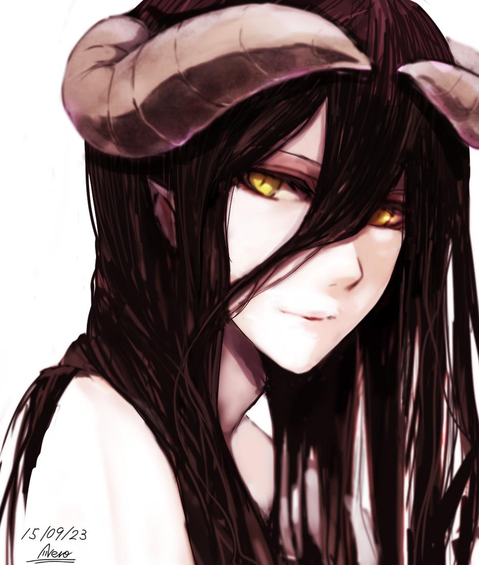 1girl albedo black_hair dated demon_horns horns kuronuko_neero long_hair overlord_(maruyama) signature solo yellow_eyes