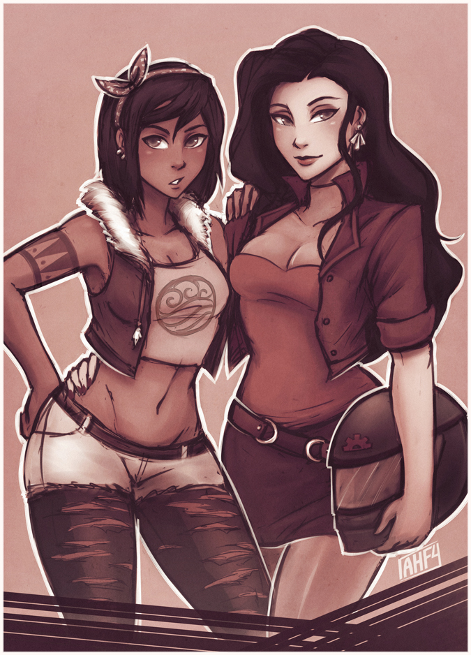 2girls alternate_hair_length alternate_hairstyle asami_sato avatar:_the_last_airbender black_hair bob_cut breasts cleavage couple dark_skin earrings eyebrows eyeshadow fur_trim hair_ornament hairband headwear_removed helmet helmet_removed hip_bones hip_lines iahfy jacket jewelry korra legend_of_korra long_hair makeup midriff multiple_girls navel pantyhose rosy_cheeks short_hair short_shorts shorts sketch skirt standing tagme tattoo thick_thighs thighs torn_clothes torn_pantyhose vest yuri