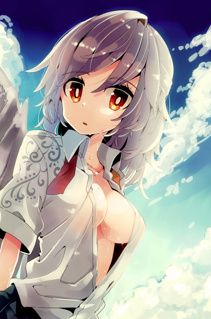 1girl aioi_aoi angel_wings blue_sky breasts clouds grey_hair kishin_sagume large_breasts looking_at_viewer no_bra open_clothes open_shirt red_eyes shirt silver_hair single_wing sky sweat sweating touhou upper_body wet wings
