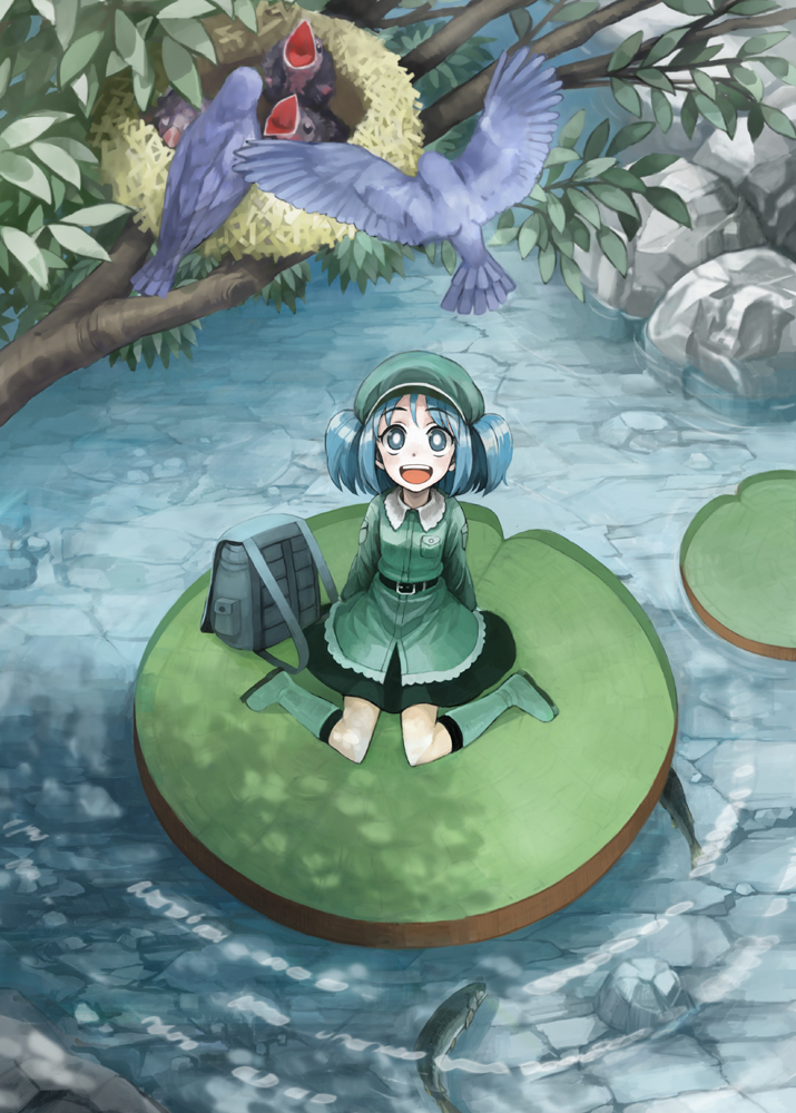1girl :d backpack bag bird blue_hair boots fish from_above green_boots hat kawashiro_nitori knee_boots lily_pad looking_up mitsuki32k nest open_mouth river rubber_boots short_hair sitting smile solo stickam touhou twintails wariza