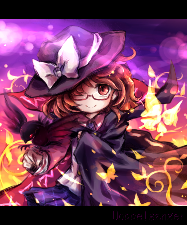 1girl bird bow brown_eyes brown_hair cape crow flame glasses hair_over_one_eye hat hat_bow looking_at_viewer pote_(ptkan) red-framed_glasses shirt skirt smile solo touhou usami_sumireko