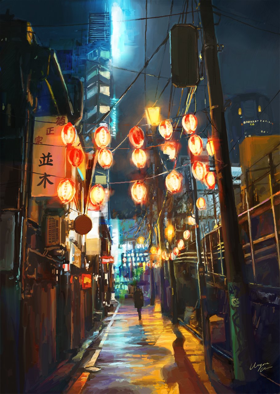 alley billboard building city cityscape coat highres holding_umbrella lamppost lantern night night_sky original outdoors paper_lantern pavement power_lines scenery shadow shitub52 sign signature sky skyscraper solo standing tagme telephone_pole transformer umbrella vanishing_point