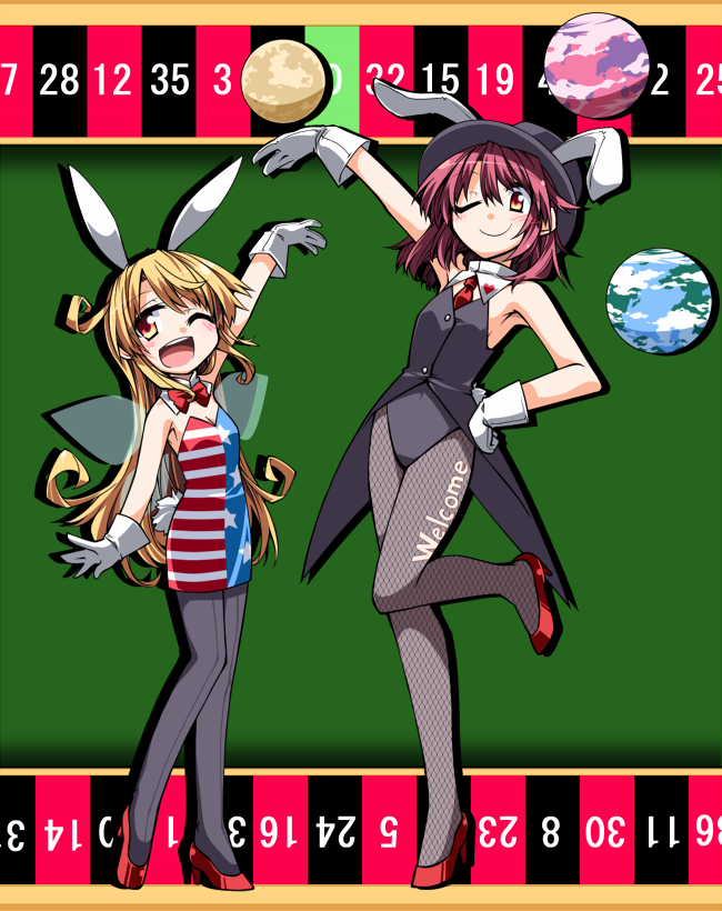 2girls american_flag_shirt animal_ears bare_arms blonde_hair bunny_girl bunnysuit casino clothes_writing clownpiece detached_collar earth fairy_wings fishnet_pantyhose fishnets gloves hat hecatia_lapislazuli hemogurobin_a1c high_heels jester_cap leotard long_hair moon multiple_girls one_eye_closed open_mouth pantyhose pose rabbit_ears red_eyes redhead roulette round_teeth smile standing_on_one_leg tailcoat top_hat touhou very_long_hair white_gloves wings