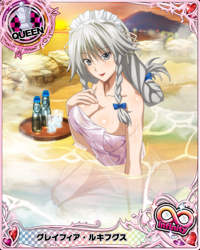 1girl artist_request braid breasts card_(medium) character_name chess_piece cleavage grayfia_lucifuge grey_eyes high_school_dxd high_school_dxd_infinity lipstick long_hair maid_headdress makeup naked_towel official_art onsen queen_(chess) red_lipstick silver_hair towel trading_card