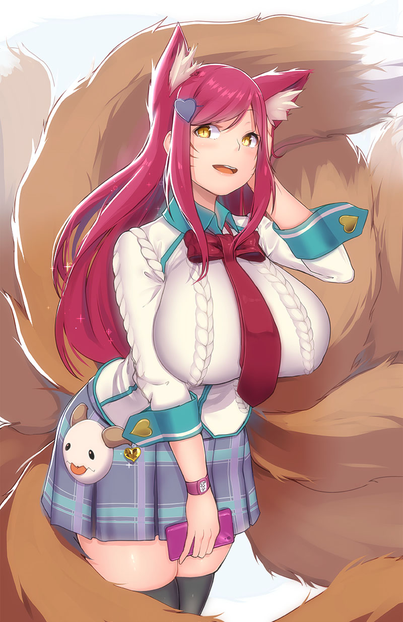 1girl ahri animal_ears bangs breasts cellphone fox_ears fox_tail hair_ornament hairclip heart_hair_ornament highres huge_breasts league_of_legends leaning_forward magister_(bigbakunyuu) multiple_tails necktie phone plaid plaid_skirt pleated_skirt redhead school_uniform sidelocks simple_background skindentation skirt smartphone smile solo swept_bangs tail thigh-highs watch watch whisker_markings white_background yellow_eyes