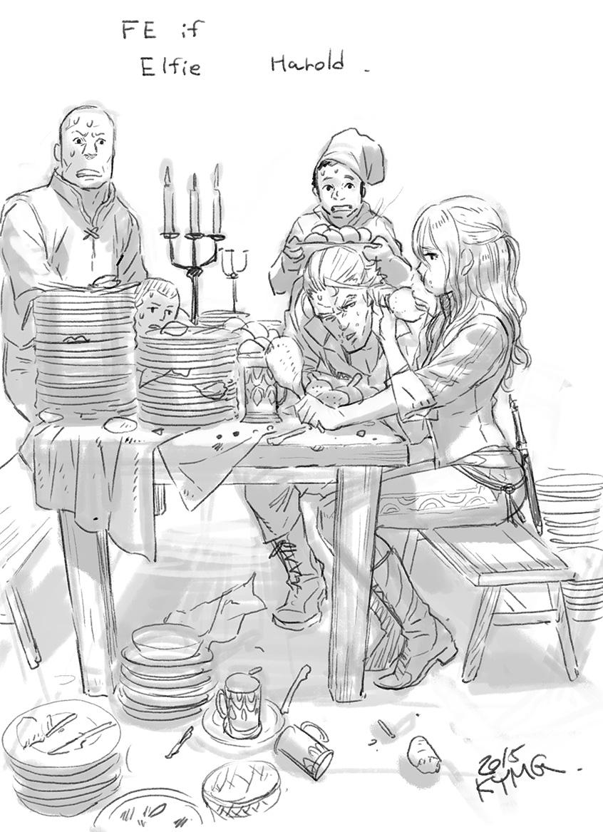 boots candle candlestand casual eating elfie_(fire_emblem_if) fire_emblem fire_emblem_if food harold_(fire_emblem_if) kozaki_yuusuke long_hair monochrome plate table