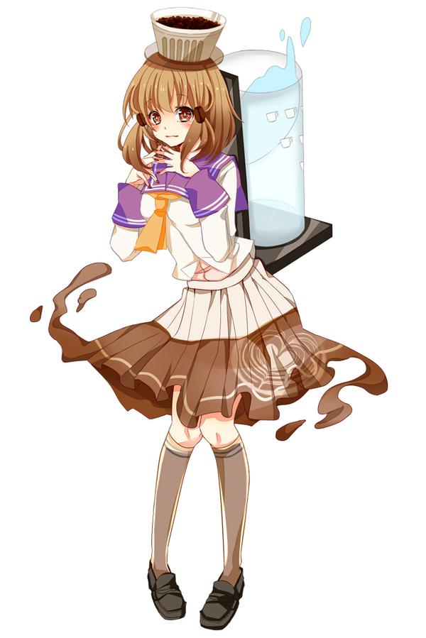 1girl brown_eyes brown_hair coffee_maker_(object) dissolving_clothes food_as_clothes kaden_shoujo kneehighs object_on_head official_art personification pigeon-toed school_uniform serafuku solo