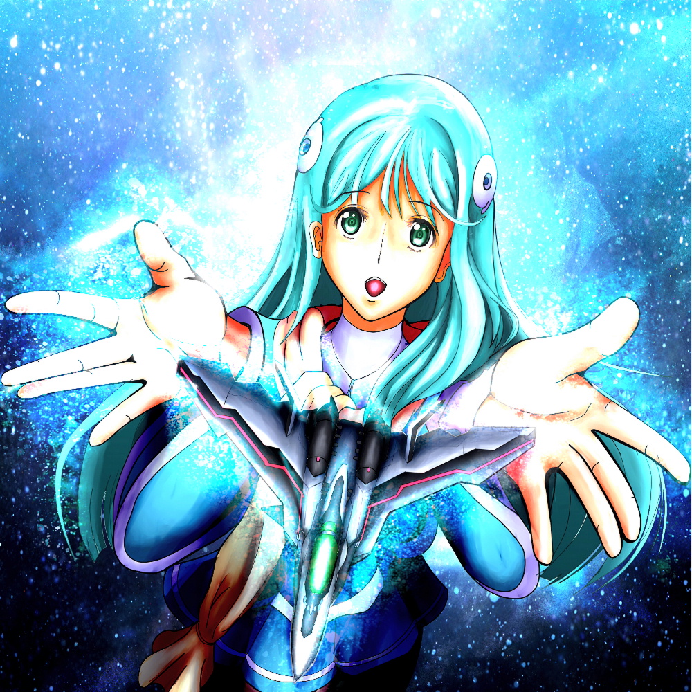 1girl aqua_hair artist_request canards energy green_eyes hair_ornament long_hair looking_at_viewer macross macross_30 mecha mina_forte science_fiction singing space star_(sky) yf-30