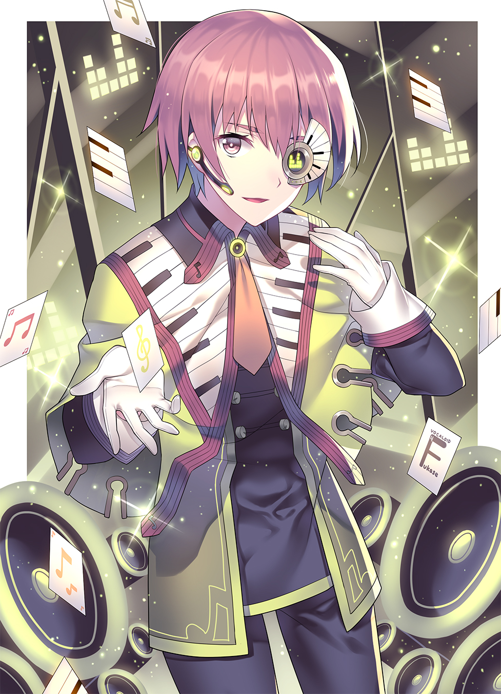 1boy card fukase gloves headset highres male_focus monocle musical_note piano_keys piano_print red_eyes redhead smile solo touwa_nikuman vocaloid white_gloves