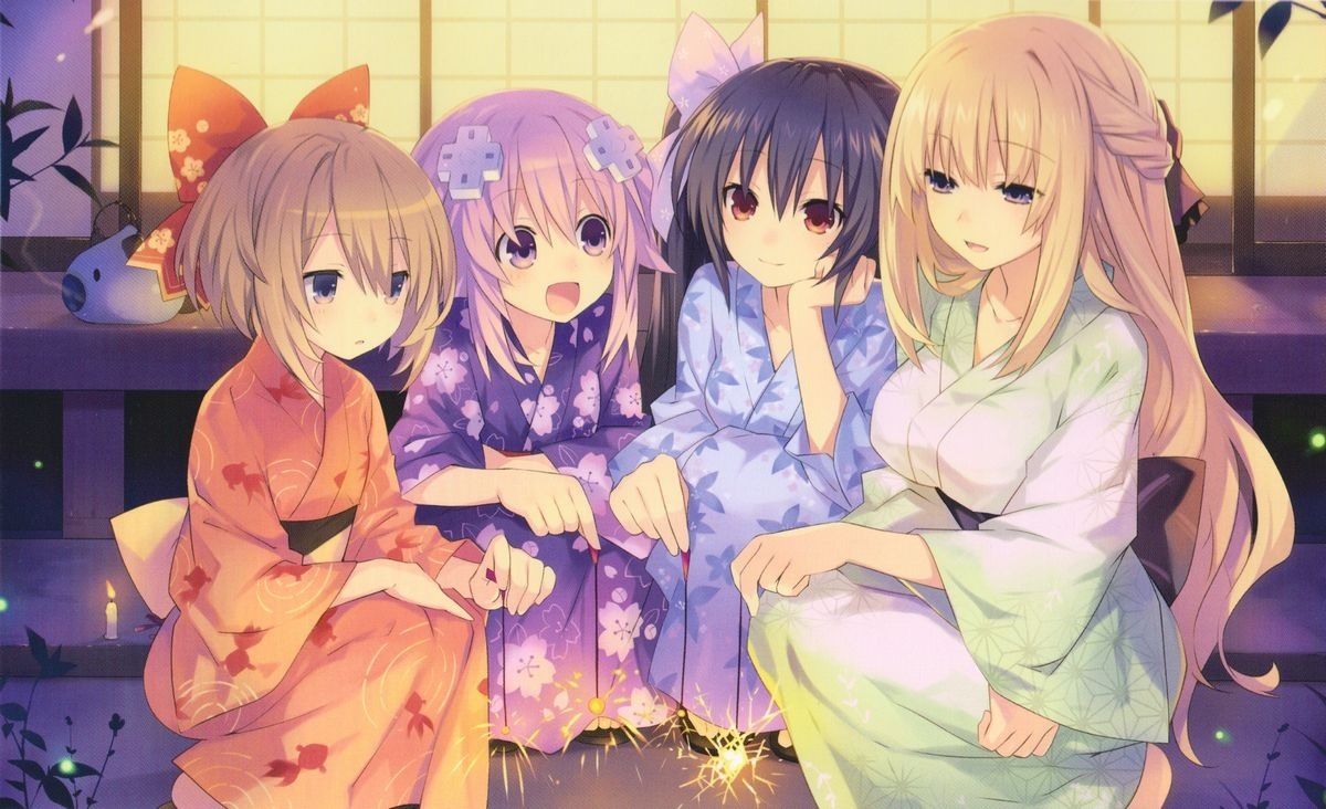 black_hair blanc blonde_hair blue_eyes breasts brown_hair d-pad dogoo fireworks hair_ornament japanese_clothes kimono large_breasts long_hair multiple_girls neptune_(choujigen_game_neptune) neptune_(series) noire official_art open_mouth purple_hair red_eyes ribbon short_hair smile squatting tsunako twintails vert violet_eyes