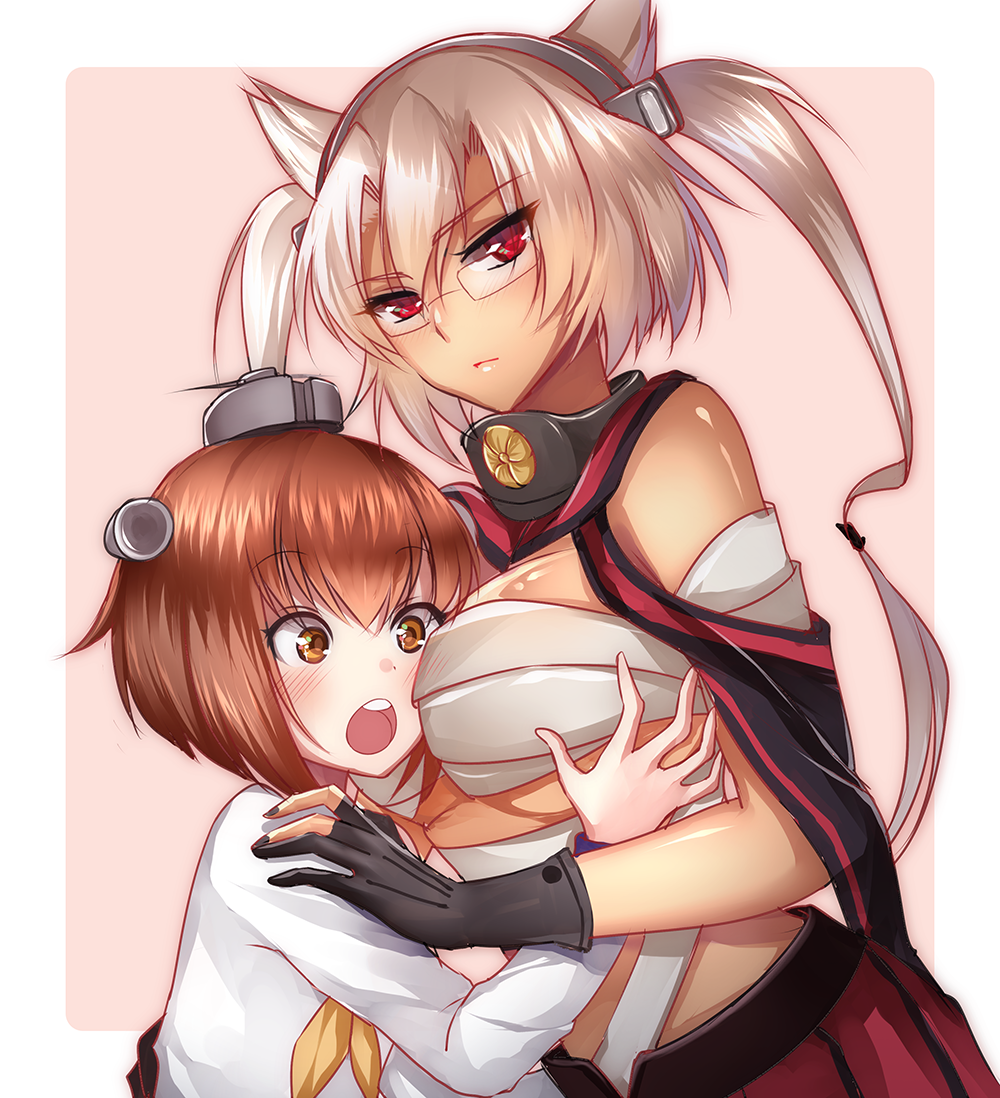 2girls black_fingernails blonde_hair blush breast_awe breast_smother breasts brown_eyes brown_hair budget_sarashi collarbone dark_skin fingerless_gloves glasses gloves hair_ornament headgear hug kantai_collection large_breasts long_hair looking_at_another meaomao multiple_girls musashi_(kantai_collection) open_mouth panties pink_background pleated_skirt pointy_hair red_eyes sailor_dress sarashi school_uniform serafuku shiny shiny_skin short_hair simple_background sketch skirt surprised tsurime twintails two_side_up underwear upper_body white_panties yukikaze_(kantai_collection)