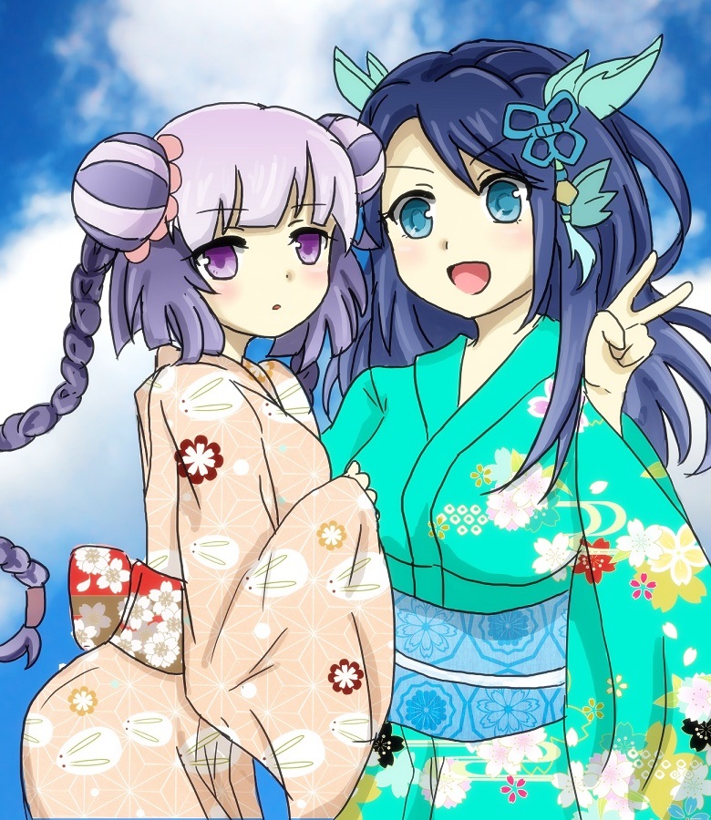 2girls background haku_(p&amp;d) japanese_clothes karin_(p&amp;d) kimono multiple_girls puzzle_&amp;_dragons v yukata