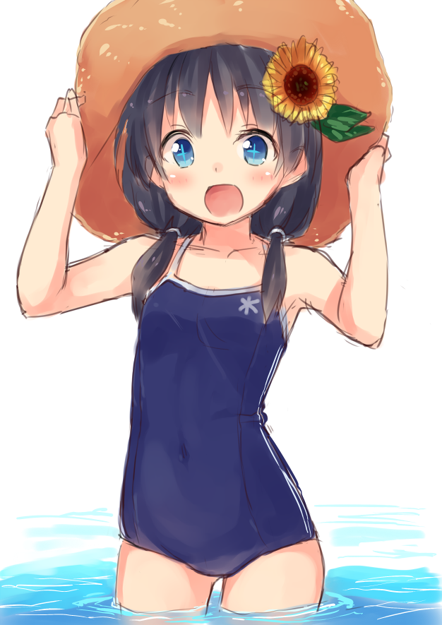 +_+ 1girl :d black_hair blue_eyes covered_navel enjin-san_(ekon) flower hair_flower hair_ornament hat low_twintails one-piece_swimsuit open_mouth smile solo sunflower swimsuit twintails wading