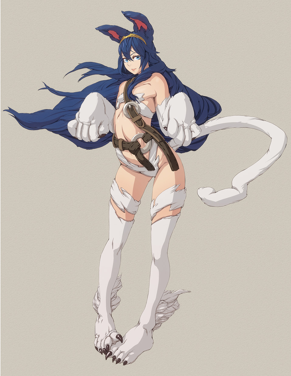1girl animal_ears barefoot belt blue_eyes blue_hair cat_ears cat_tail claws cosplay felicia felicia_(cosplay) female fire_emblem fire_emblem:_kakusei flat_chest full_body fur gloves highres jacqli_(artist) lips long_hair long_legs lucina nose paw_gloves paw_pose smile solo tail tiara vampire_(game) very_long_hair
