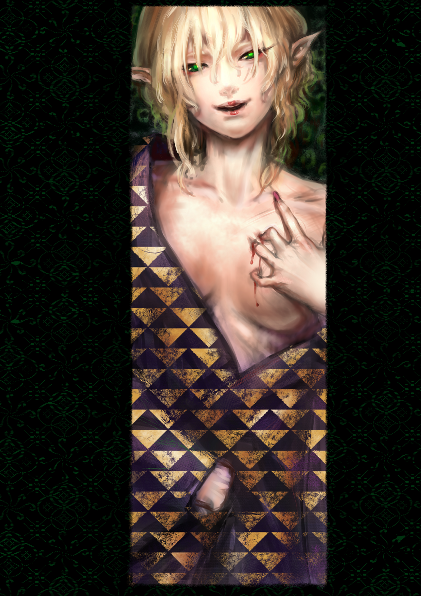 1girl blonde_hair blood bloody_hands border creepy green_eyes hair_between_eyes half-closed_eyes looking_at_viewer mizuhashi_parsee off_shoulder open_mouth pointy_ears red_lips scratches short_hair solo torn_clothes touhou woominwoomin5