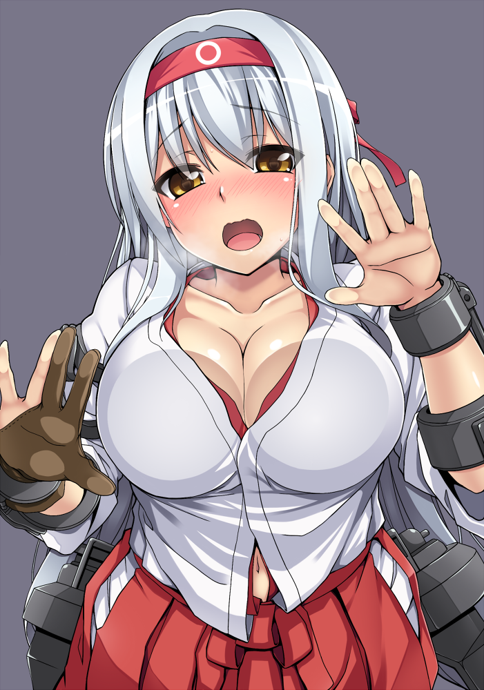 1girl against_glass blush breast_press breasts breasts_on_glass brown_eyes hairband hebata japanese_clothes kantai_collection large_breasts long_hair looking_at_viewer navel open_clothes open_mouth open_shirt shirt shoukaku_(kantai_collection) silver_hair