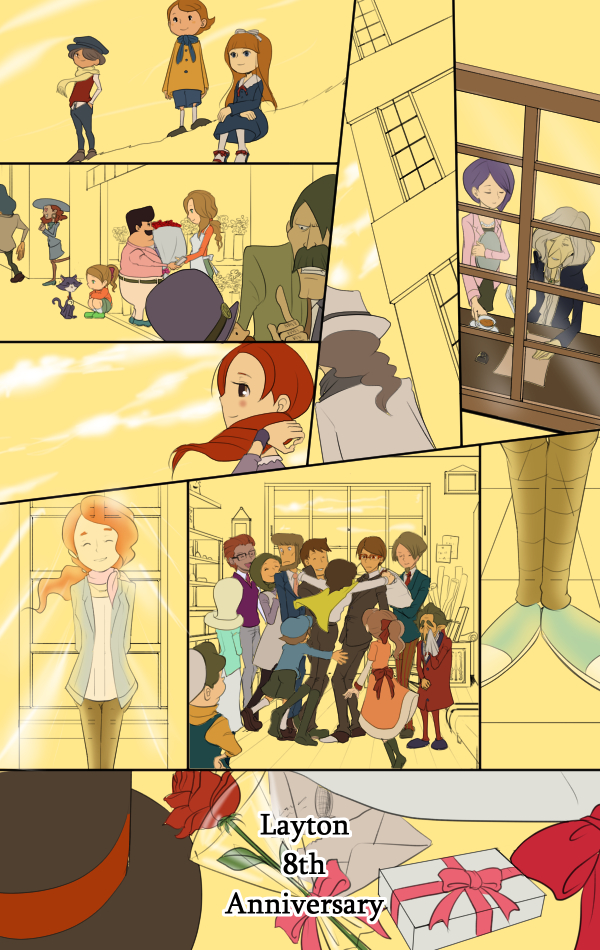 angela_ledore anniversary anthony_herzen arianna_barde barton brenda_triton claire_(layton) clark_triton comic crow_(professor_layton) dimitri_allen hat henry_ledore hershel_layton inspector_chelmey inspector_grosky katia_anderson luke_triton maki56565 professor_desmond_sycamore professor_layton randall_ascot raymond_(professor_layton) remi_altava rosa_grimes silent_comic spoilers tony_barde top_hat