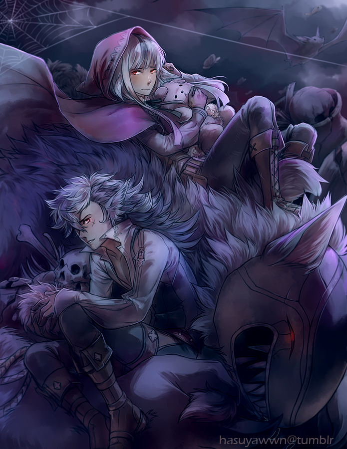 1boy 1girl animal_ears bat black_hair boots cape father_and_daughter fire_emblem fire_emblem_if flannel_(fire_emblem_if) gloves hasuyawn hoodie long_hair multicolored_hair red_eyes scar skull stuffed_animal stuffed_toy tail teddy_bear two-tone_hair velour_(fire_emblem_if) white_hair wolf_ears wolf_tail