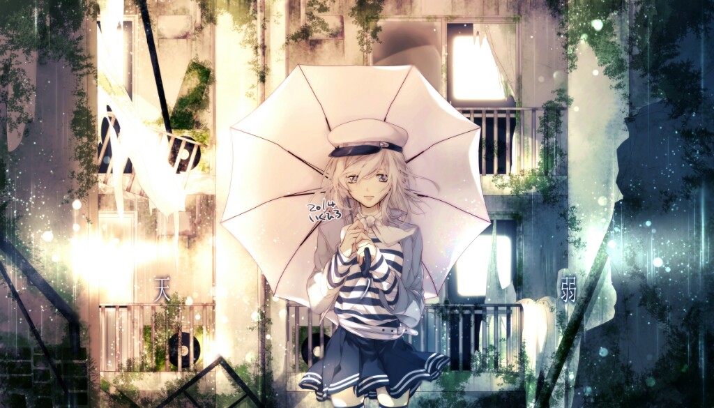 1girl 2014 air_conditioner ama_no_jaku_(vocaloid) black_legwear building closed_mouth curtains door frown gumi hat ikuhiro_(19nnnkti16) japanese long_sleeves looking_at_viewer pale_skin pleated_skirt ruins short_hair skirt smile solo song_name standing striped thigh-highs torn umbrella vines violet_eyes vocaloid white_hair zettai_ryouiki