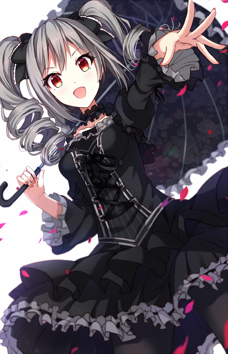 1girl black_dress black_legwear bow choker dress drill_hair frilled_dress frills gothic_lolita grey_hair hair_bow idolmaster idolmaster_cinderella_girls juliet_sleeves kanzaki_ranko lolita_fashion long_sleeves looking_at_viewer nikkunemu open_mouth pantyhose parasol petals puffy_sleeves red_eyes ribbon_choker silver_hair smile solo twin_drills umbrella wide_sleeves