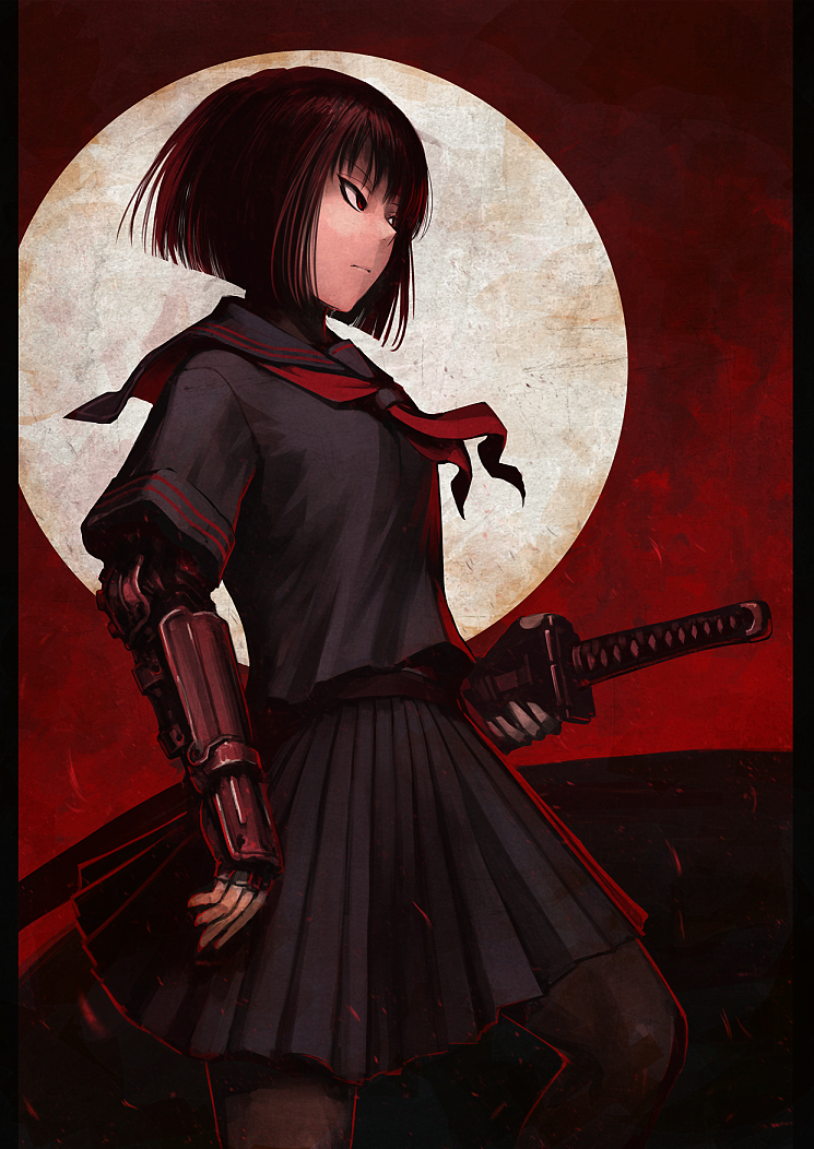 1girl hetza_(hellshock) katana original pleated_skirt red red_eyes school_uniform serafuku short_hair skirt solo sword weapon