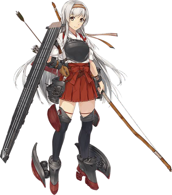 1girl aa_gun airplane archery arrow blush boots bow_(weapon) brown_eyes flight_deck full_body hairband japanese_clothes kantai_collection konishi_(koconatu) kyuudou long_hair muneate official_art ribbon shoukaku_(kantai_collection) silver_hair simple_background skirt smile solo thigh-highs thigh_boots transparent_background turbine weapon yugake