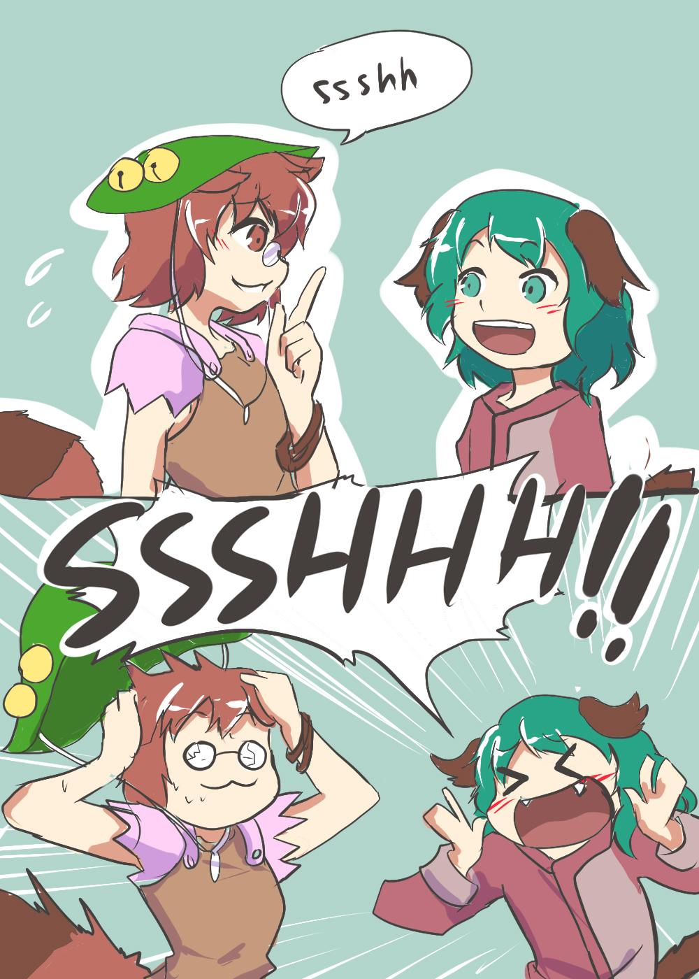 2girls animal_ears brown_eyes brown_hair closed_eyes comic dog_ears dog_tail fangs finger_to_mouth futatsuiwa_mamizou glasses green_eyes green_hair highres kapiten70 kasodani_kyouko leaf leaf_on_head multiple_girls open_mouth pince-nez raccoon_ears raccoon_tail short_hair shouting shushing smile tail touhou you're_doing_it_wrong