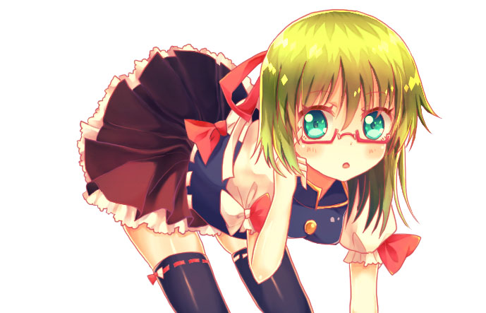 1girl :o adapted_costume aqua_eyes asymmetrical_hair bent_over bespectacled black_legwear black_skirt blouse blue_eyes blush bow commentary_request eyebrows glasses green_hair looking_at_viewer no_hat puffy_sleeves re-ka red-framed_glasses ribbon semi-rimless_glasses shiki_eiki short_sleeves skirt solo thigh-highs touhou under-rim_glasses vest