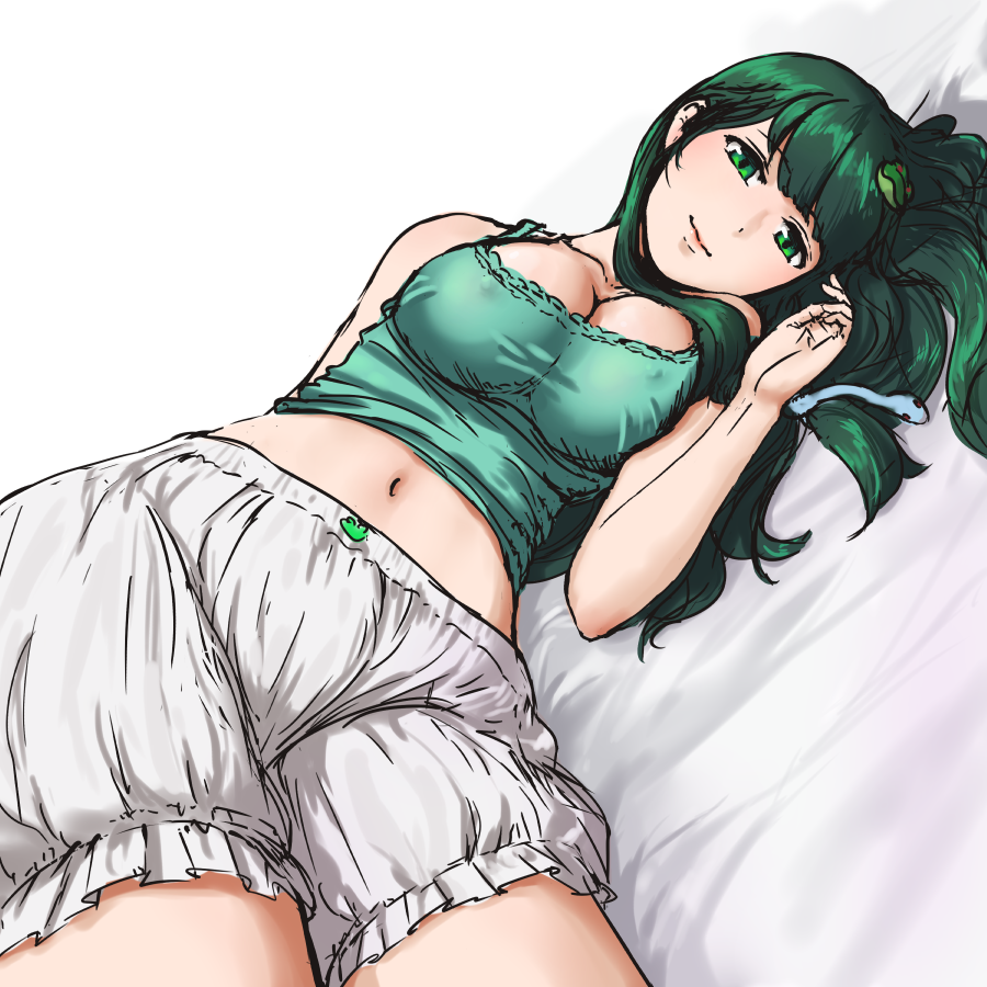 1girl bare_shoulders bloomers breasts cleavage come_hither crop_top dutch_angle frog_hair_ornament green_eyes green_hair hair_ornament heart kitano_(kitanosnowwhite) kochiya_sanae long_hair looking_at_viewer lying midriff navel on_bed on_side simple_background sleeveless smile snake_hair_ornament solo text textless touhou underwear white_background