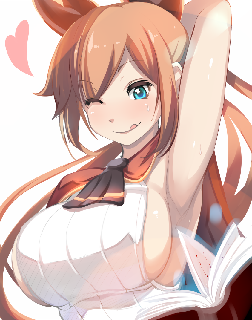 1girl :q alternate_breast_size arm_up armpits blue_eyes breasts brown_hair clarisse_(granblue_fantasy) granblue_fantasy heart large_breasts long_hair one_eye_closed ponytail shiki_(psychedelic_g2) sideboob simple_background solo tongue tongue_out white_background