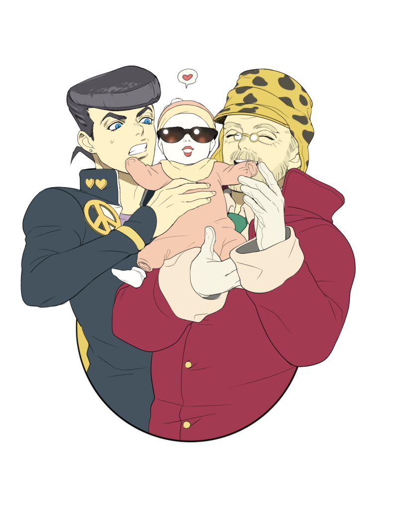 1girl 2boys baby beard black_hair facial_hair glasses hat higashikata_jousuke jojo_no_kimyou_na_bouken joseph_joestar lipstick makeup multiple_boys old_man pompadour shirano shizuka_joestar sunglasses