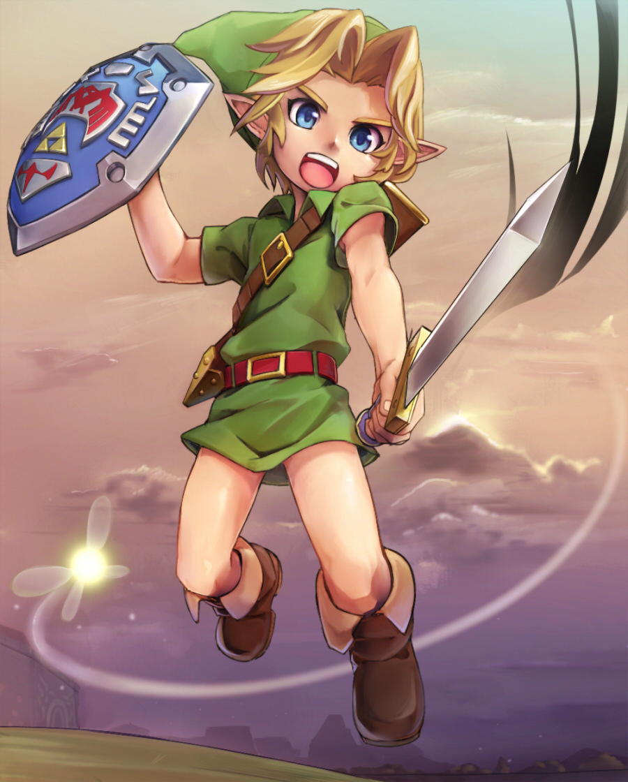 1boy blonde_hair blue_eyes boots fairy hat link nanjin pointy_ears shield short_hair sword tatl the_legend_of_zelda the_legend_of_zelda:_majora's_mask weapon