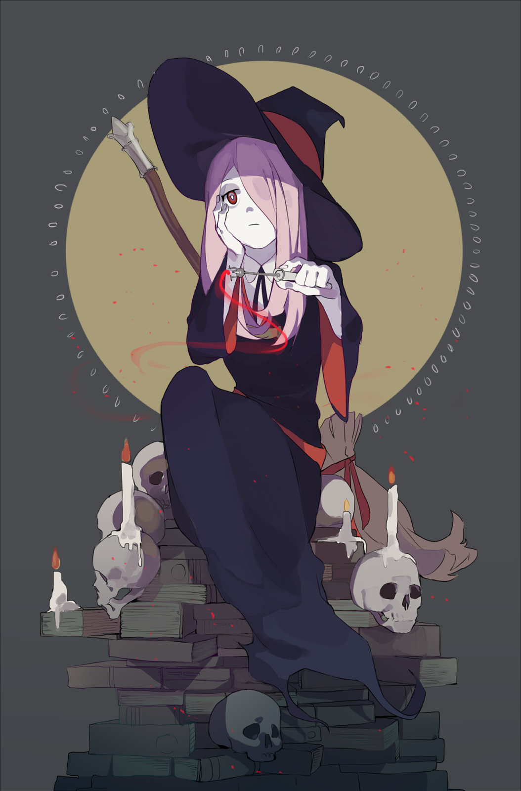 1girl book broom brown_hair hair_over_one_eye hand_on_own_cheek hat highres little_witch_academia long_hair red_eyes simple_background sitting skull solo sucy_manbabalan wand witch witch_hat xenos